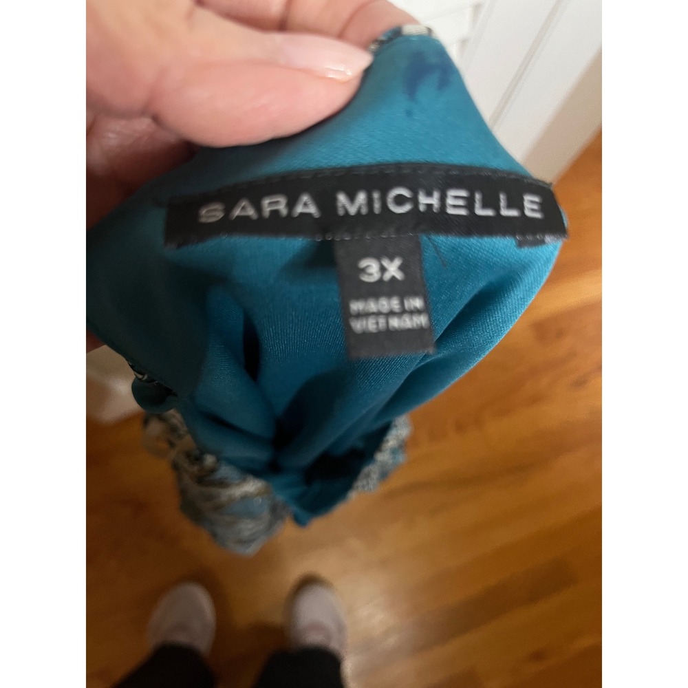 Sara Michelle Teal Blue Snakeskin Metallic Print Blouse Plus Size 3X Tie Sleeve - Picture 5 of 5